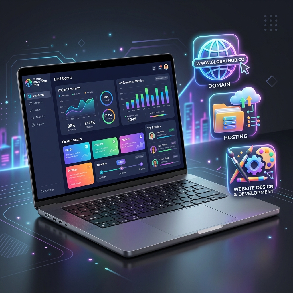 What is domain hosting and website explained simply - laptop mockup with web design cloud server concept illustration