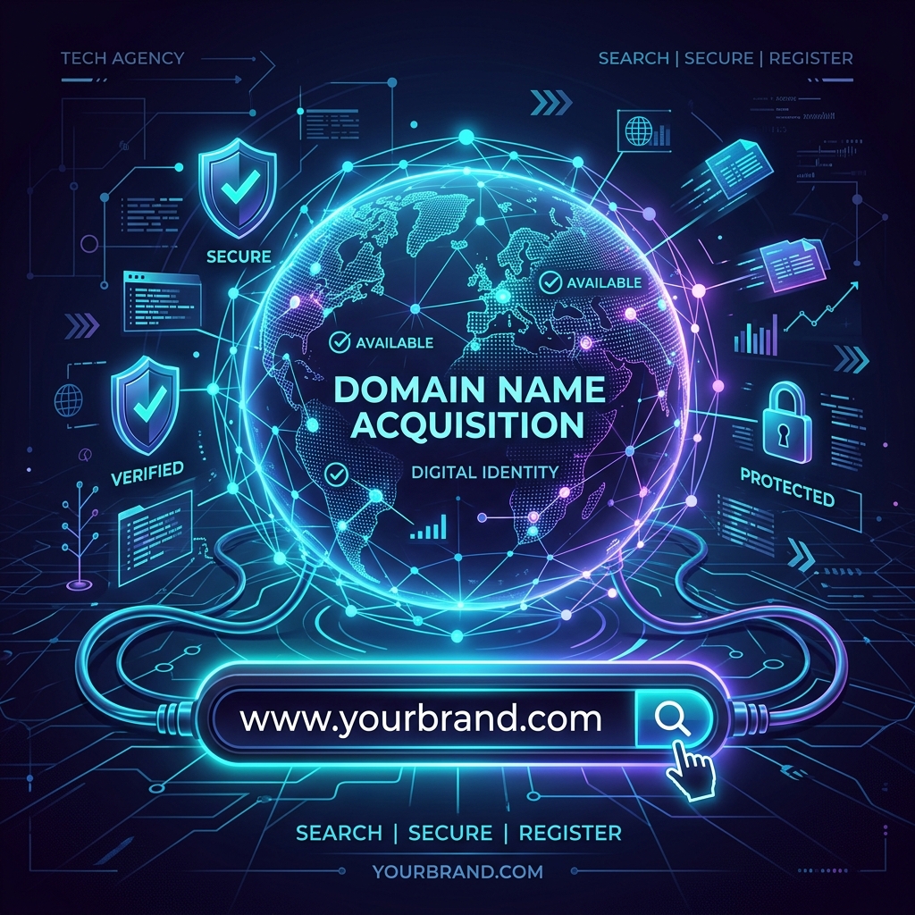 Domain purchase checklist infographic showing laptop search bar for website naming