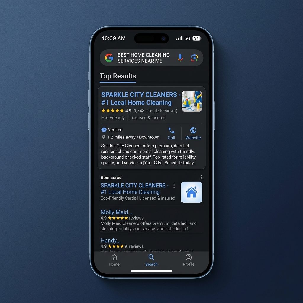 How to Rank Your Business on Google's First Page - Smartphone screen showing local search results with high ratings