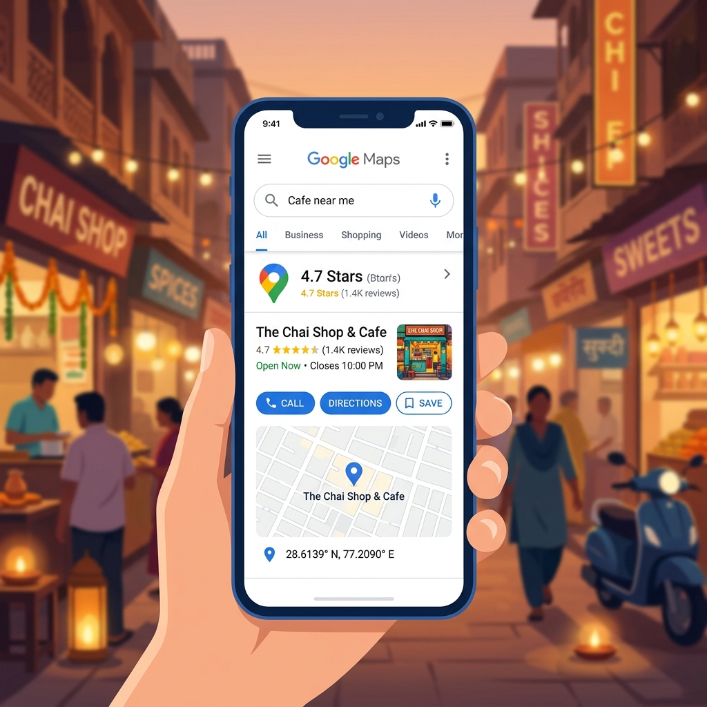 Local SEO Guide for Small Businesses in India - smartphone display showing Google Maps local business listing search results with star ratings