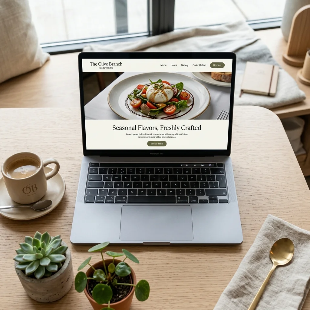 Laptop displaying a mini website mockup