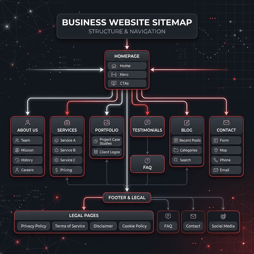 Must-Have Pages Every Business Website Should Have sitemap wireframe diagram representing the page structure for small business websites