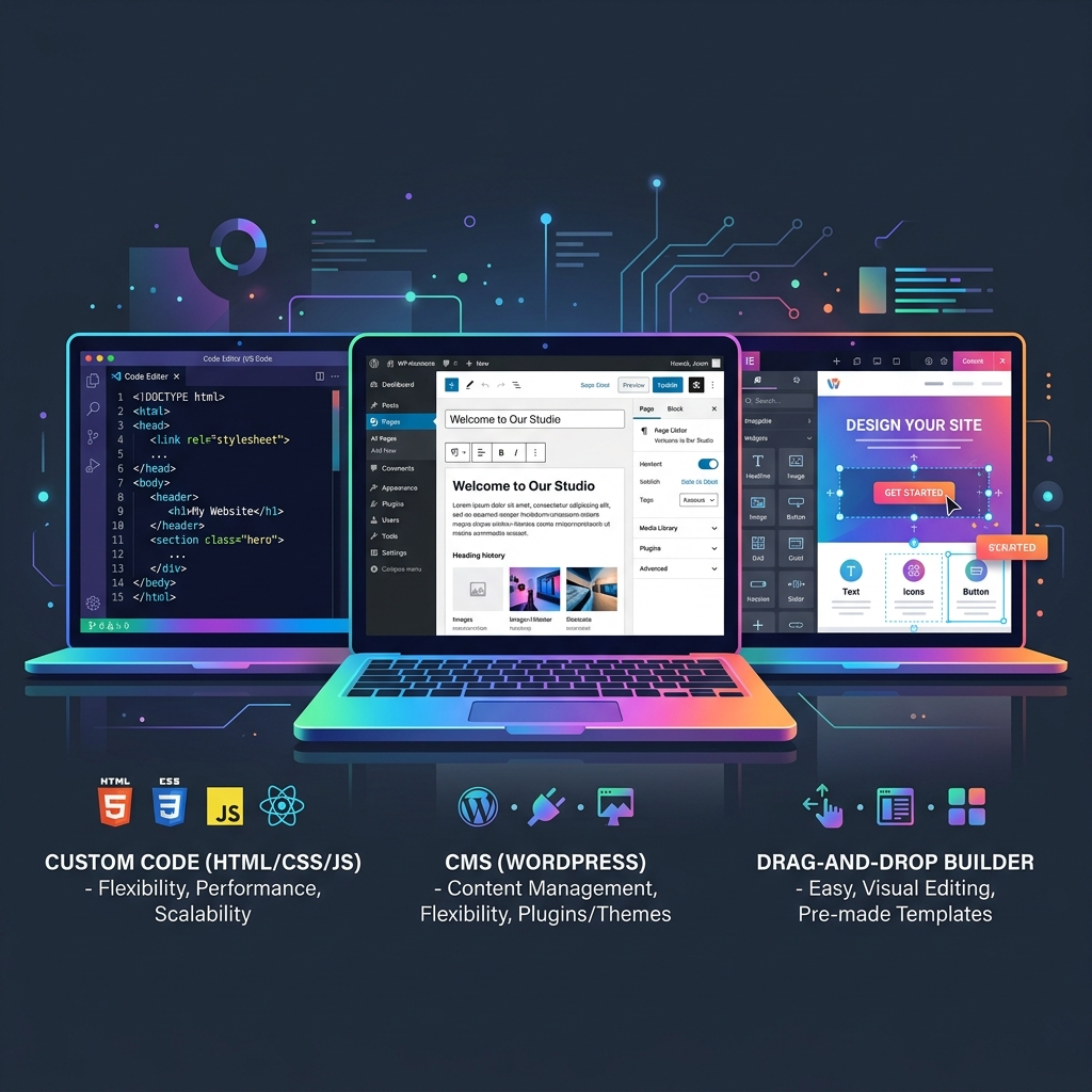 Custom Website vs WordPress vs Website Builders comparison showing custom code, WordPress dashboard, and builder layout