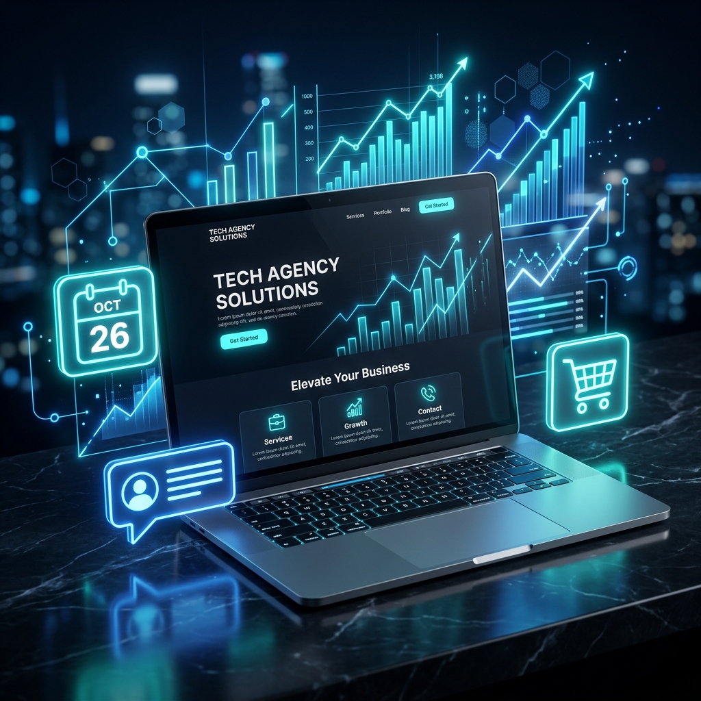A modern laptop showing a premium professional website mockup on screen and growth charts in the background
