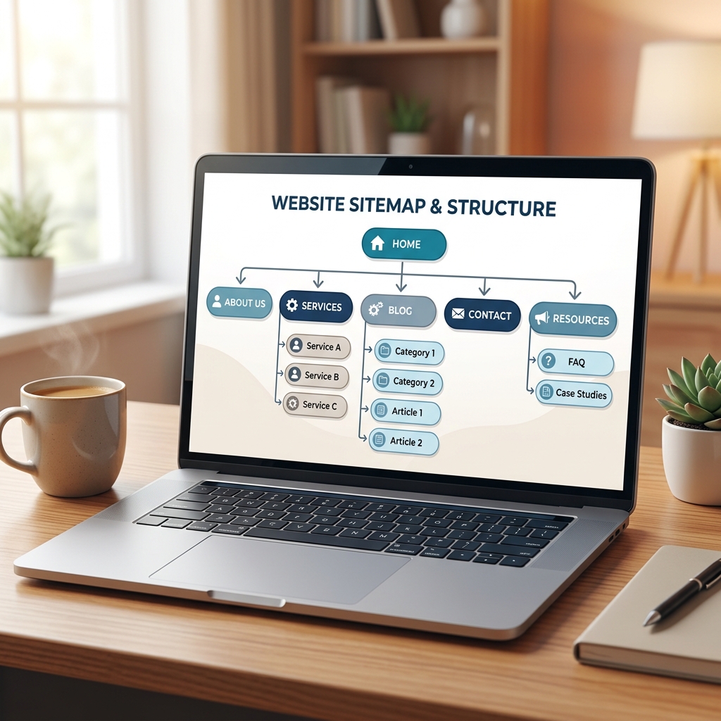 What is a Sitemap and Why Does Your Website Need One - website structure mapping flow diagram on a laptop display representing sitemap layout