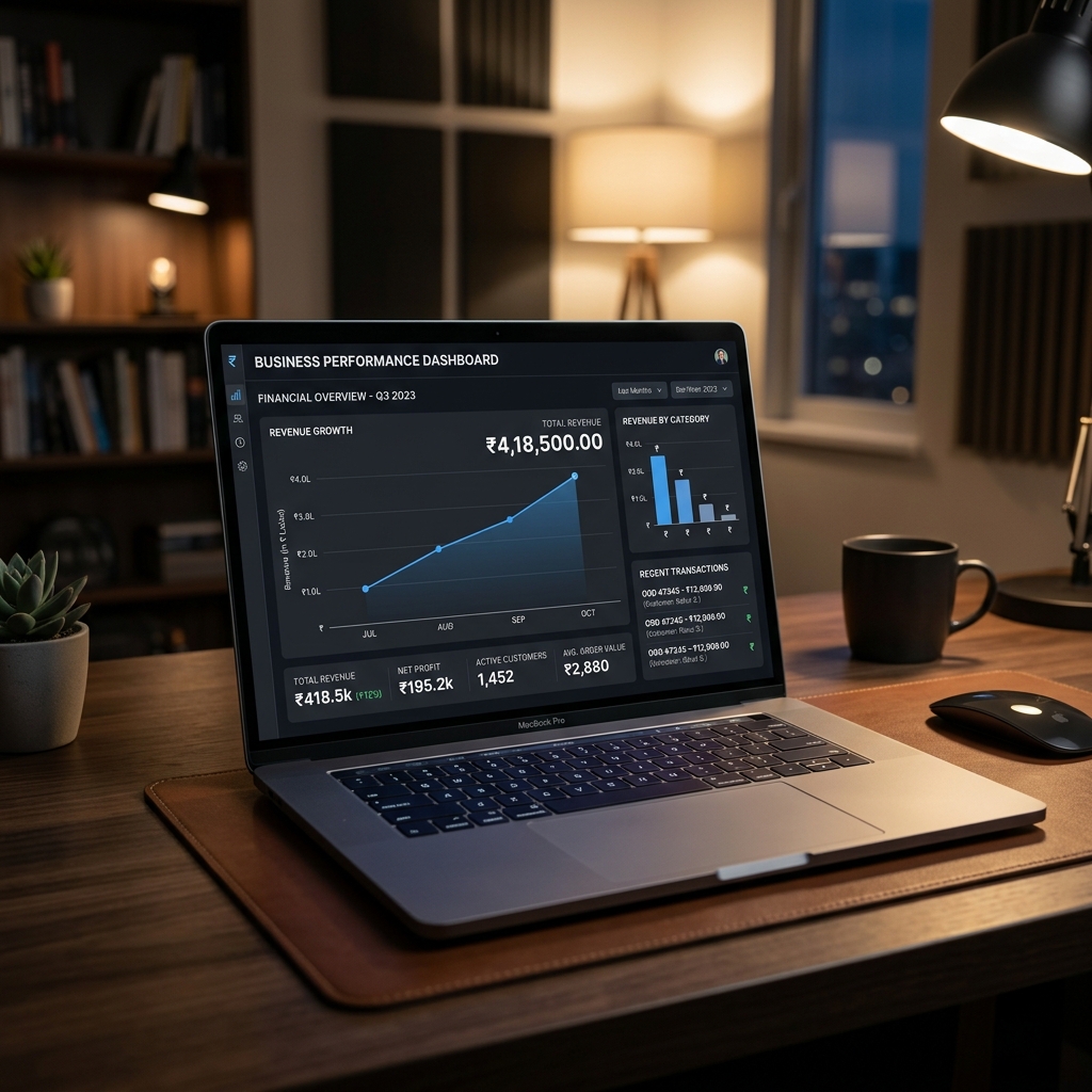 Sleek laptop displaying website design cost proposal with Indian Rupee symbol dashboard